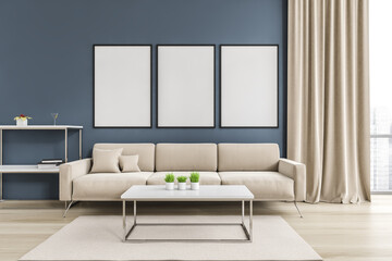 Mockup canvas in white and blue living room with sofa on parquet floor