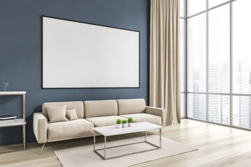 Mockup canvas in white and blue living room with sofa on parquet floor