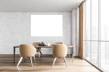 Mockup frame in dining room with four beige chairs and table near window
