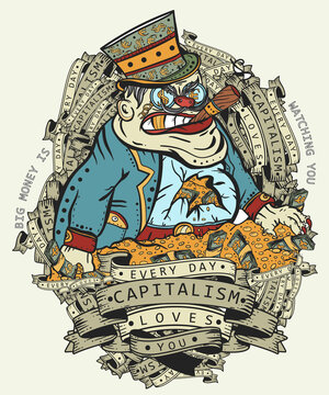 Capitalism caricature. Evil businessman and money. Rich greedy capitalist on a mountain of golden coins. Corruption and bureaucracy. Concept of global financial system