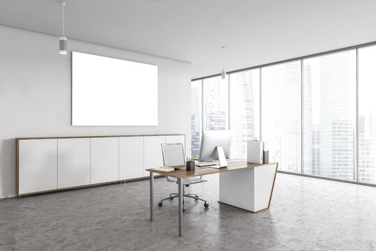 Mockup canvas in white office room with chair, table and computer near window