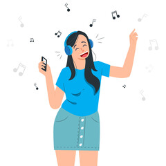 Young woman listening to happy music, illustration concept.