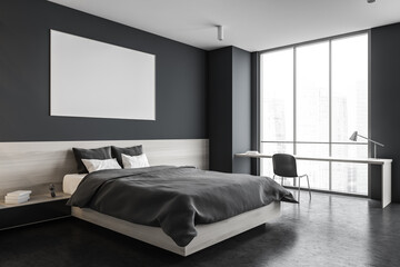 Mockup canvas in black bedroom, bed with linens and desk near window