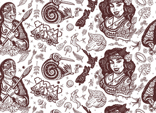 New Zealand seamless pattern. Aboriginal tribes Maori man warrior grimace. Ethnic Polynesian woman in traditional costume. Tradition and people. Tourism and travel. Old school tattoo style