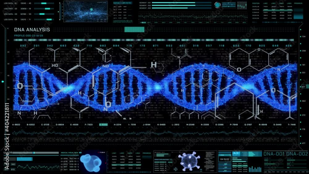 Poster dna double helix strand in hud ui system futuristic screen. digital blue spin medical element, virtu