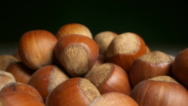extremely close-up, detailed. background texture food. many hazelnuts on a dark background