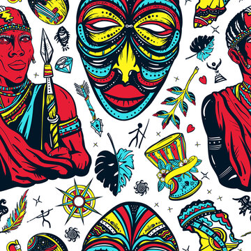 Africa seamless pattern. African maasai warrior, tribal mask, kalimba drum. Ethnic afro black tribe man. Tradition and culture background. Tattoo art