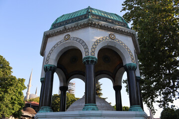 The German Fountain. It is a gazebo styled fountain in the northern end of old hippodrome Istanbul, Turkey and across from the Mausoleum of Sultan Ahmed I.
