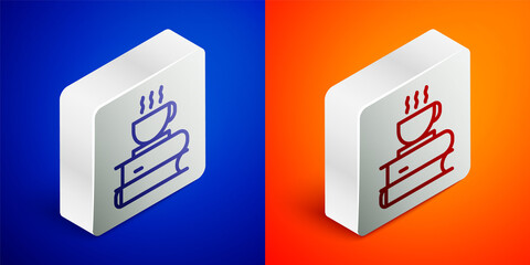 Isometric line Coffee cup and book icon isolated on blue and orange background. Tea cup. Hot drink coffee. Silver square button. Vector Illustration.