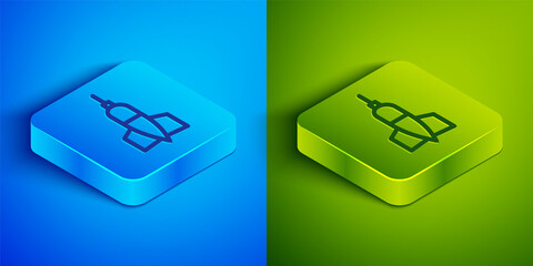 Isometric line Dart arrow icon isolated on blue and green background. Square button. Vector Illustration.