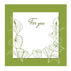 Square postcard with the contours of Antarium flowers on a green background.