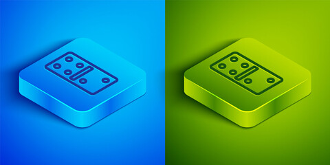 Isometric line Domino icon isolated on blue and green background. Square button. Vector Illustration.
