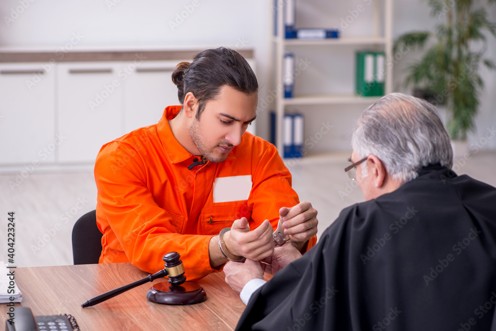 Wall mural Old male judge meeting with young captive in courthouse