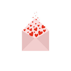 Flat style opened envelope icon with hearts. Mail icon. Happy Valentine's day lettering. Can be used in infographic, advertising, for Valentines day card. Vector illustration.