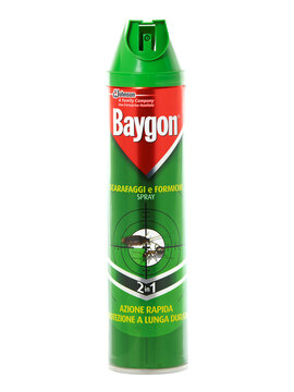 BUCHAREST, ROMANIA - JANUARY 16, 2017. Baygon spray, insecticide for roaches and ants, isolated on white