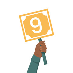 Hand holding scorecard with number 9 vector isolated. Jury showing result. Judge showing sign with a score.