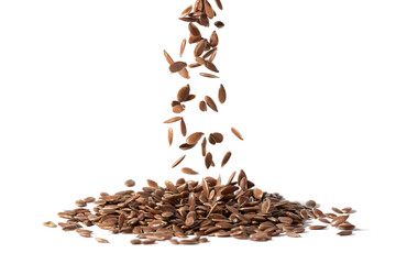Close up of linseeds or flax seeds falling down in a pile and isolated on white background - obrazy, fototapety, plakaty
