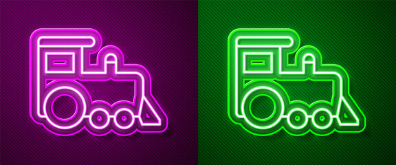 Glowing neon line Toy train icon isolated on purple and green background. Vector.