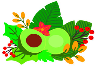 Avocado. Vector illustration. Avocado cut in half, hand-drawn. Avocado in a bouquet of tropical leaves and flowers. Bright green colors. Delicious bouquet. Vector.