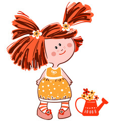 Mischievous girl with watering can and flowers