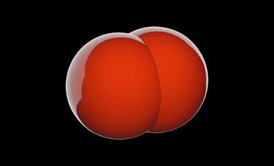 Oxygen is a chemical element with symbol O and atomic number 8. Chemical structure model: Space-Filling. 3D illustration. Isolated on black background.