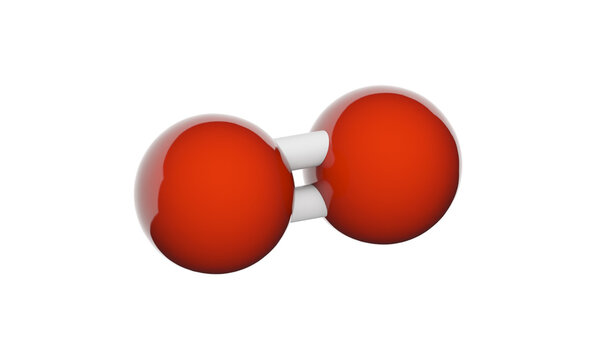 Oxygen is a chemical element with symbol O and atomic number 8. Chemical structure model: Ball and Stick. 3D illustration. Isolated on white background.