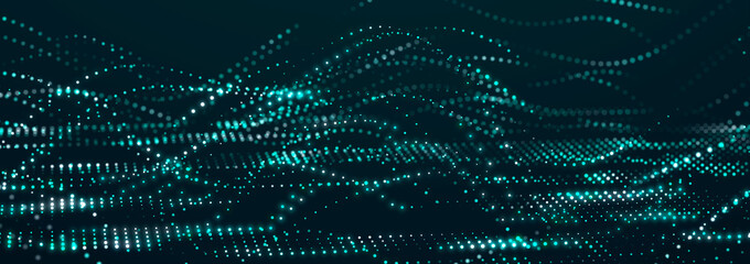 Digital wave with many dots. Abstract backdrop of dynamic wave. Technology or science banner. 3d widescreen