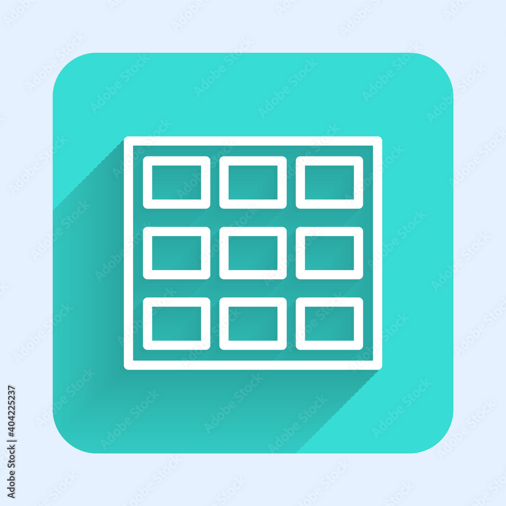Poster white line chocolate bar icon isolated with long shadow. green square button. vector.