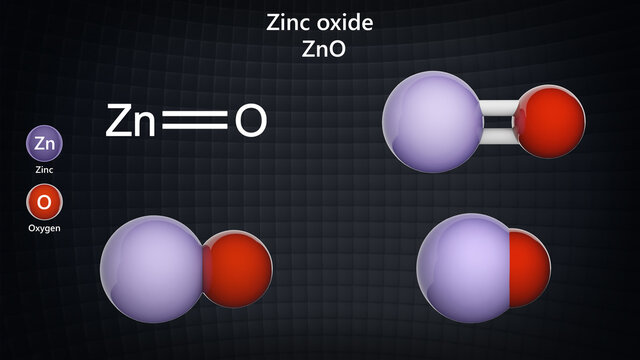 Zinc oxide is an inorganic compound with the formula ZnO or OZn. It is a white powder. Chemical structure model: Ball and Stick + Balls + Space-Filling. 3D illustration.