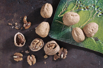 Whole and cracked walnuts