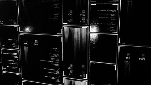 Programming or hacking white code on a black digital screen, encoded message, encryption. Animation. Abstract IT background, seamless loop, monochrome.