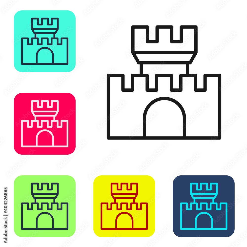 Poster black line castle icon isolated on white background. medieval fortress with a tower. protection from