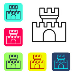 Black line Castle icon isolated on white background. Medieval fortress with a tower. Protection from enemies. Reliability and defense of the city. Set icons in color square buttons. Vector.