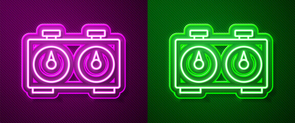 Glowing neon line Time chess clock icon isolated on purple and green background. Sport equipment. Vector.