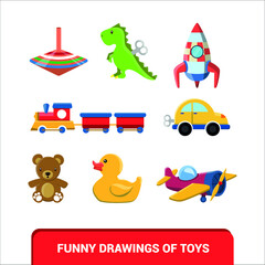 Vector image. Children's toys drawings. Toy with a spinning top, dinosaur, teddy bear, plane, rocket, rubber duck and a train. Nice drawings for children.