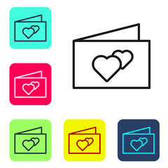 Black line Greeting card icon isolated on white background. Celebration poster template for invitation or greeting card. Set icons in color square buttons. Vector.