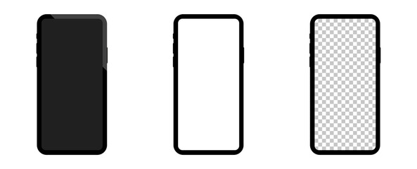 Realistic smartphone mockup set. Mobile phone black, white, transparent screen design mockup. Smartphone. Vector illustration on white background
