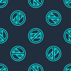 Green line No money icon isolated seamless pattern on blue background. Prohibition of money. Vector.