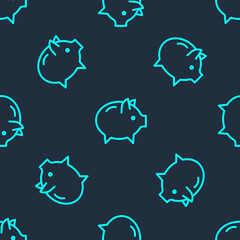 Green line Piggy bank icon isolated seamless pattern on blue background. Icon saving or accumulation of money, investment. Vector.