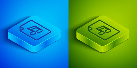 Isometric line Music book with note icon isolated on blue and green background. Music sheet with note stave. Notebook for musical notes. Square button. Vector.