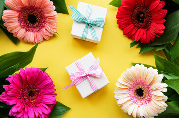 Gerbera flowers and gift boxes on a yellow