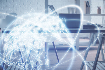 Double exposure of business theme drawing and office interior background. Concept of success