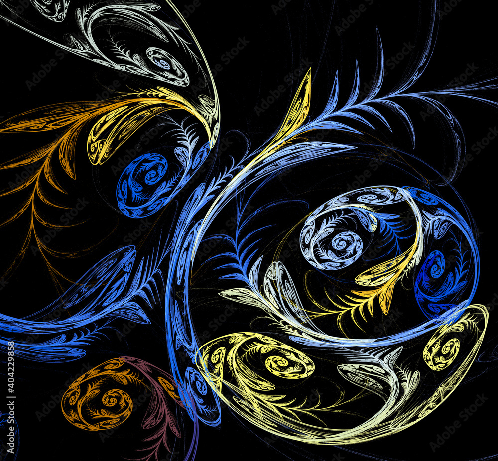 Poster blue and yellow stems with leaves twist in spirals and arcs, and form a pattern on a black backgroun