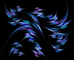 Smooth streams of arcuate groups of lines, blue and magenta, flow diagonally and in different directions against a black background. Elegant abstract fractal background. 3d rendering. 3d illustration.