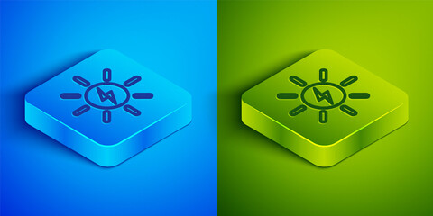 Isometric line Solar energy panel icon isolated on blue and green background. Sun with lightning symbol. Square button. Vector.