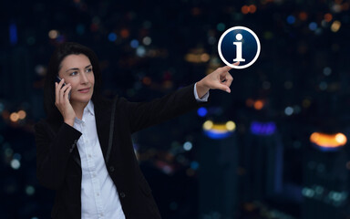 Caucasian businesswoman talking on her cell phone and pointing finger to information sign flat icon over blur colorful night light modern city tower and skyscraper, Business customer service and suppo