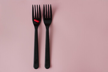 A red pill on a black fork. Two black forks with a red capsule on a pink background.