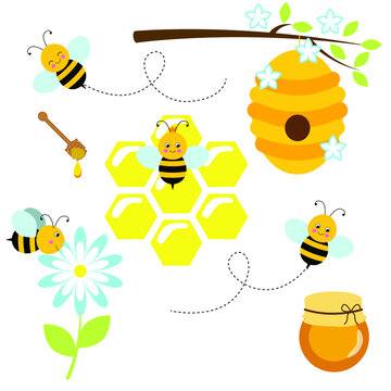 cute bees, honeycomb, honey vector clipart