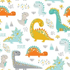 Fototapeta premium Cute funny kids dinosaurs pattern. Colorful dinosaurs vector background. Creative kids texture for fabric, wrapping, textile, wallpaper, apparel. Vector illustration