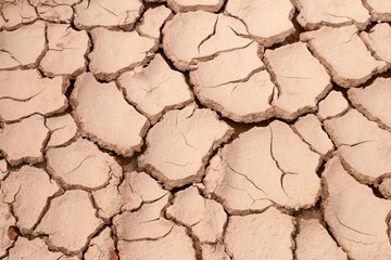 Mudlands that previously contained water have cracked due to hot weather and drought. All water content has been evaporated by the heat